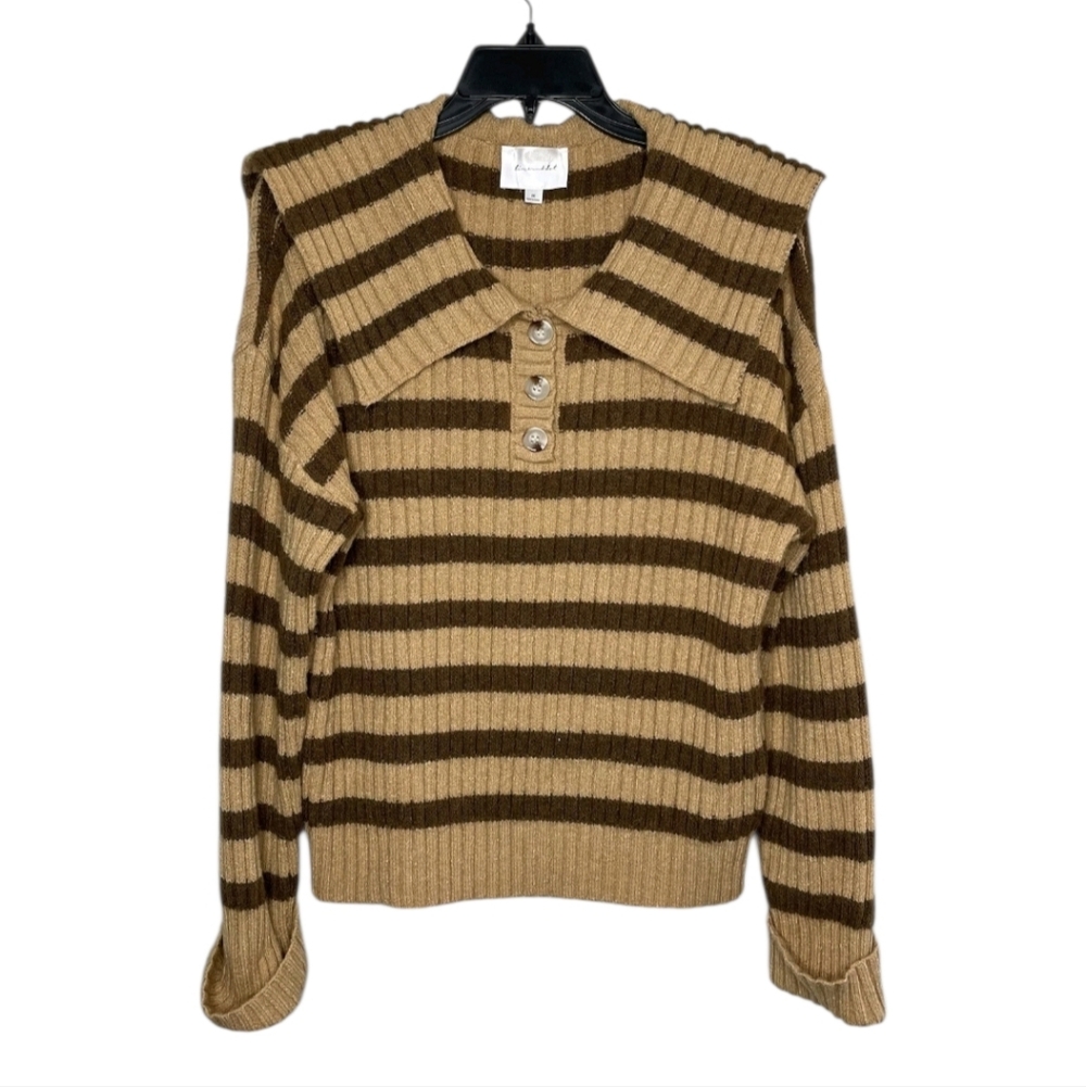 Line & Dot Sweater Brown Striped Popover Collared Stretch Size S